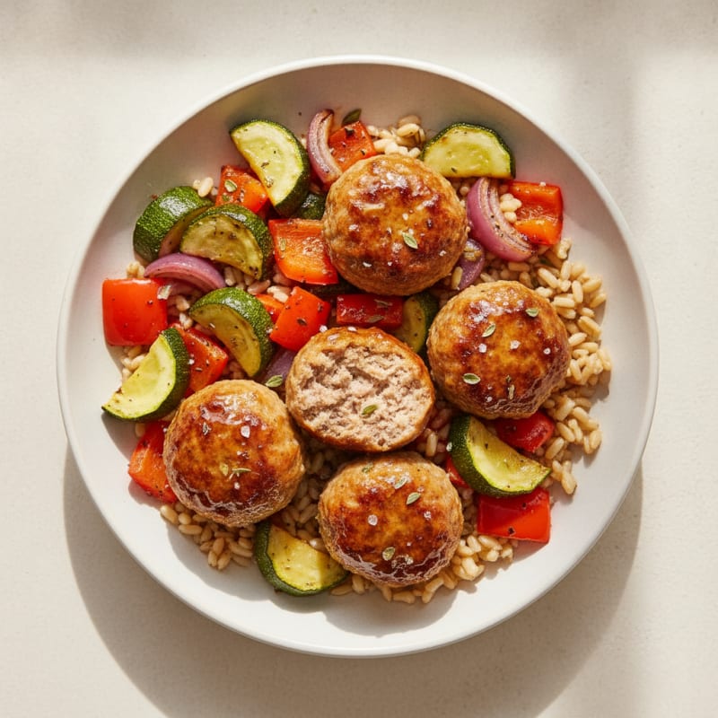 Savory Meatballs with Roasted Vegetables and Rice