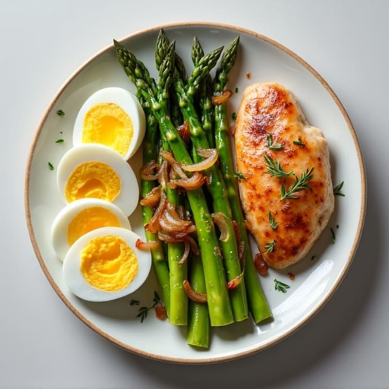 Seared Chicken Breast with Steamed Asparagus, Soft Avocado, Caramelized Onions, and Sliced Hard-Boiled Eggs