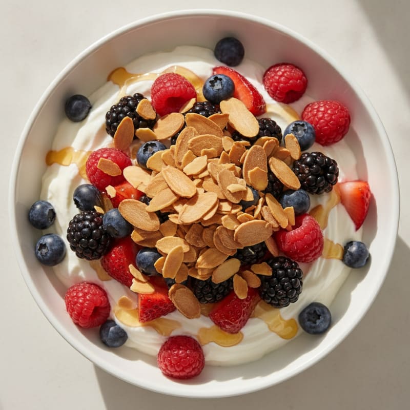 Greek Yogurt Protein Parfait with Mixed Berries and Almonds