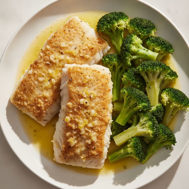 Baked Lemon Garlic Cod with Steamed Broccoli