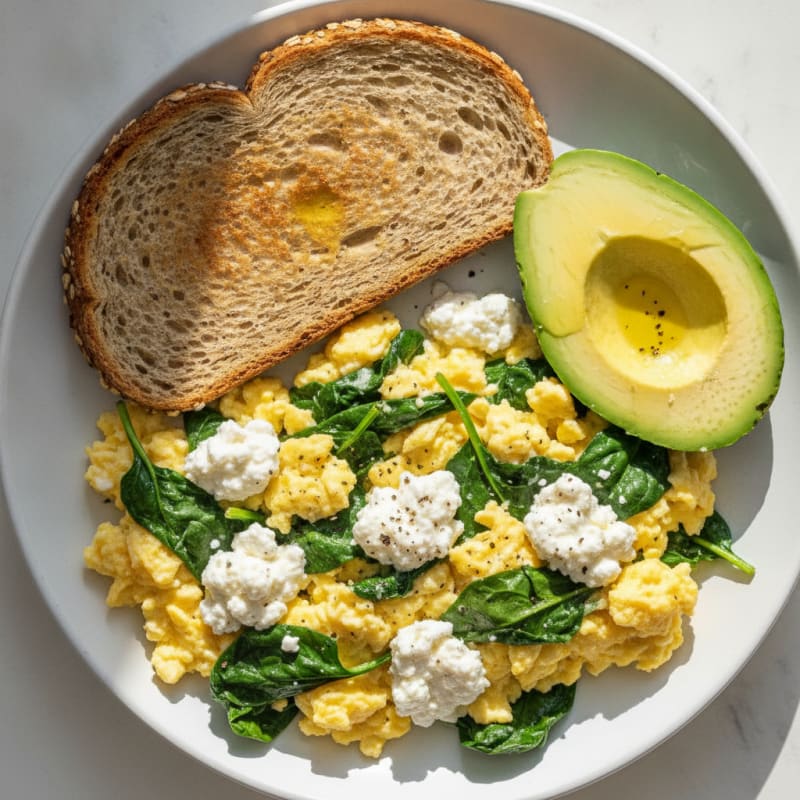 Scrambled Eggs with Cottage Cheese and Sautéed Spinach