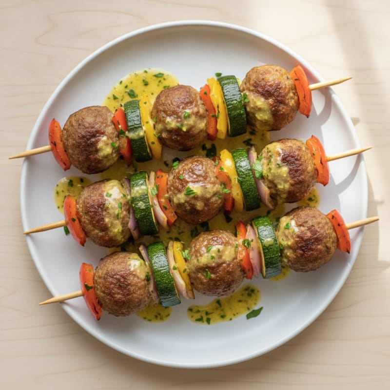 Beef Meatball Skewers with Lemon-Herb Sauce