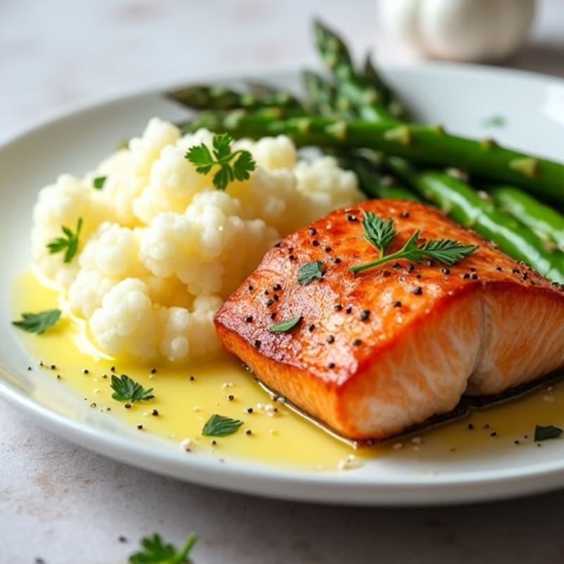 Seared Salmon with Steamed Asparagus and Garlic Mashed Cauliflower