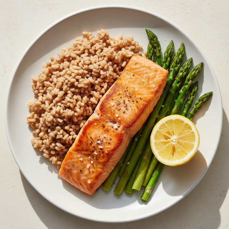 Seared Salmon Filet with Steamed Asparagus and Brown Rice