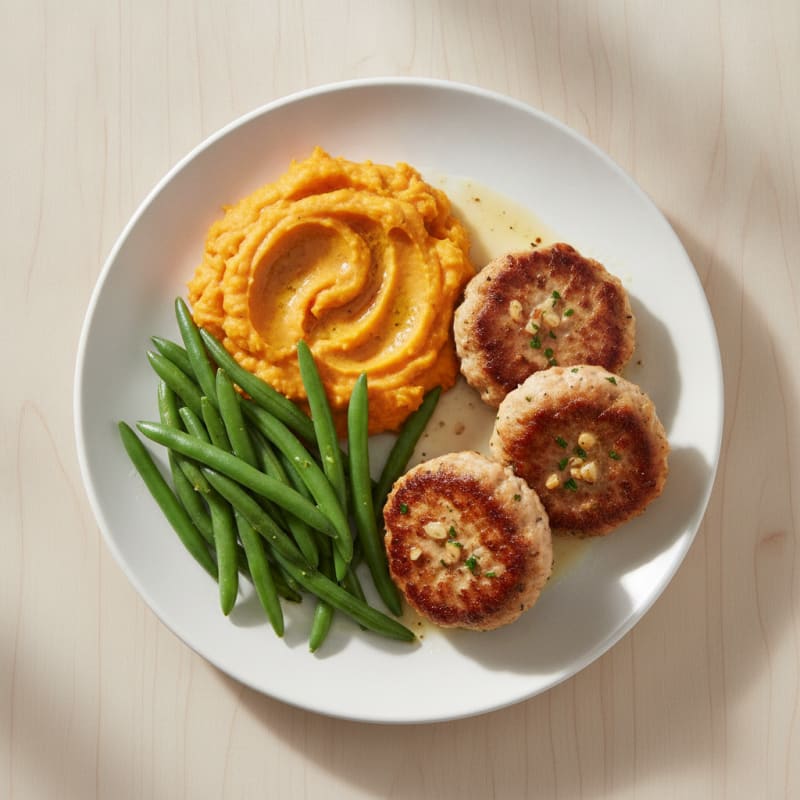 Seared Turkey Patties with Sweet Potato Mash and Steamed Green Beans