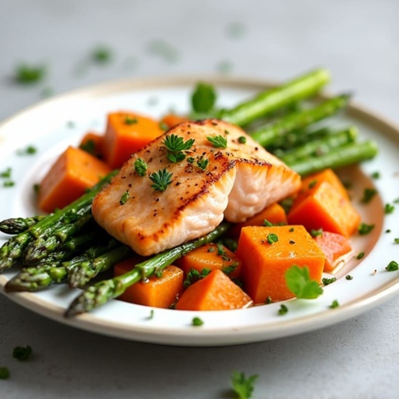Seared Salmon Fillet with Roasted Sweet Potato and Asparagus