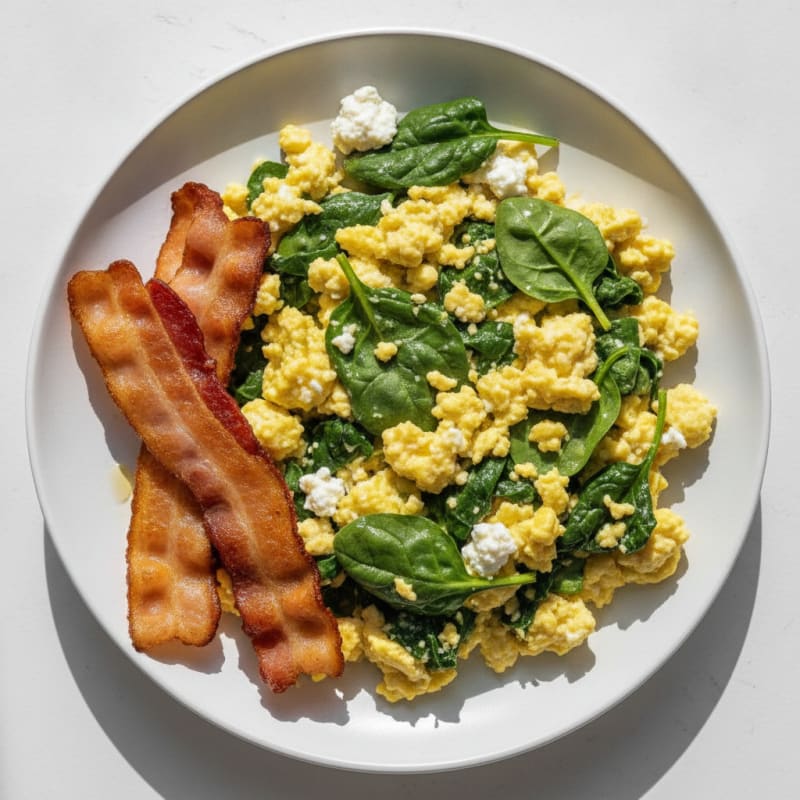 Cottage Cheese Egg Scramble with Spinach and Turkey Bacon