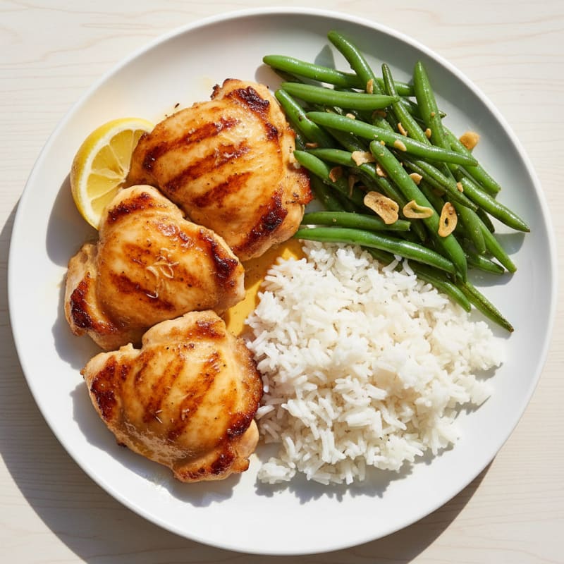 Seared Chicken Thighs with Garlic Green Beans and Jasmine Rice