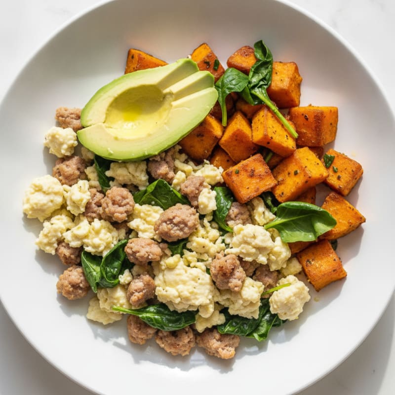 Egg White and Turkey Sausage Scramble with Roasted Sweet Potato
