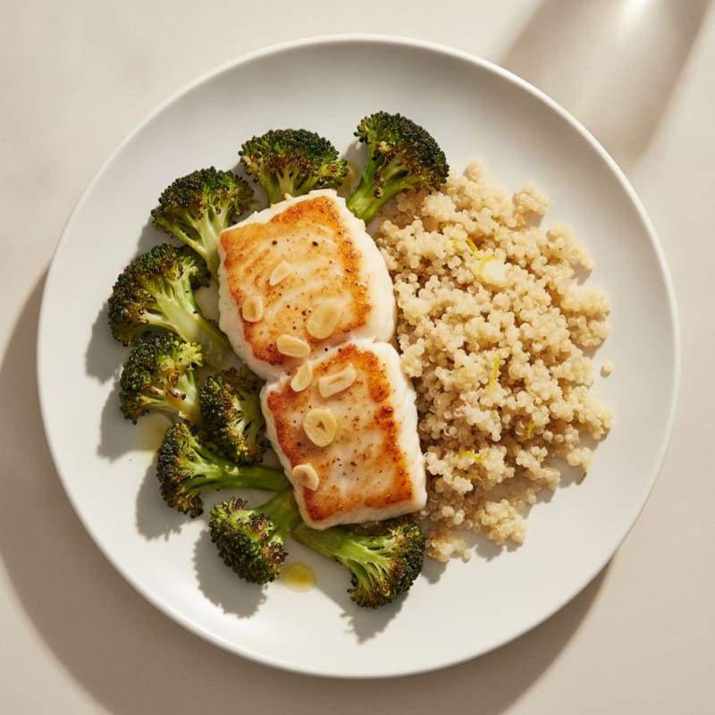 Seared White Fish with Roasted Broccoli and Quinoa