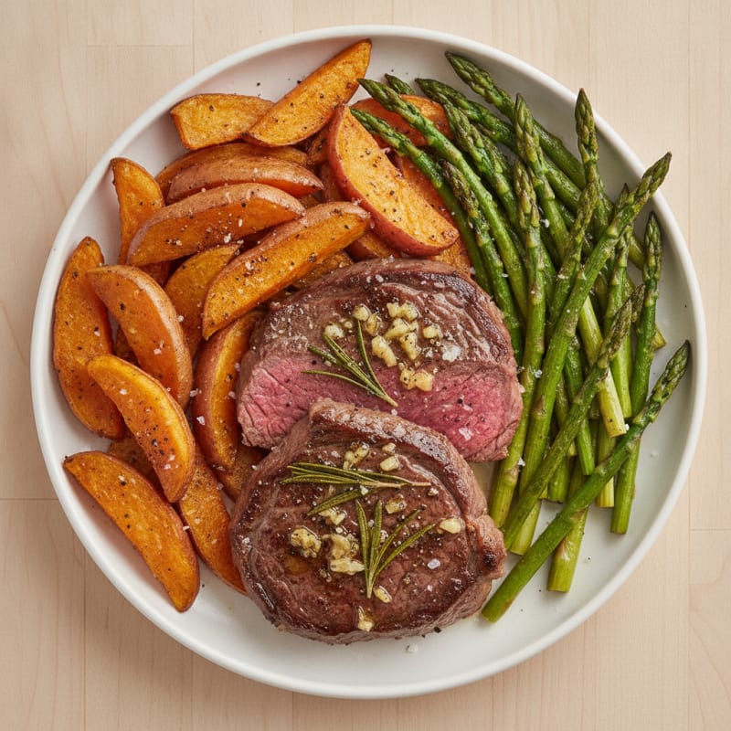 Garlic-Herb Steak with Roasted Sweet Potatoes
