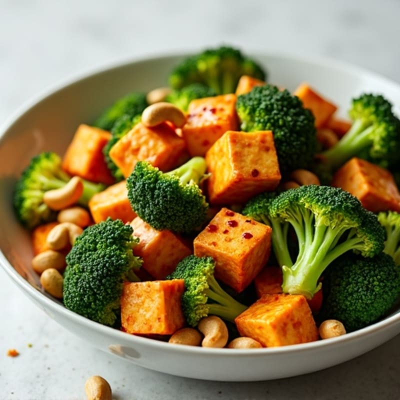 Spicy Peanut Tofu and Broccoli Stir-Fry with Crunchy Cashews