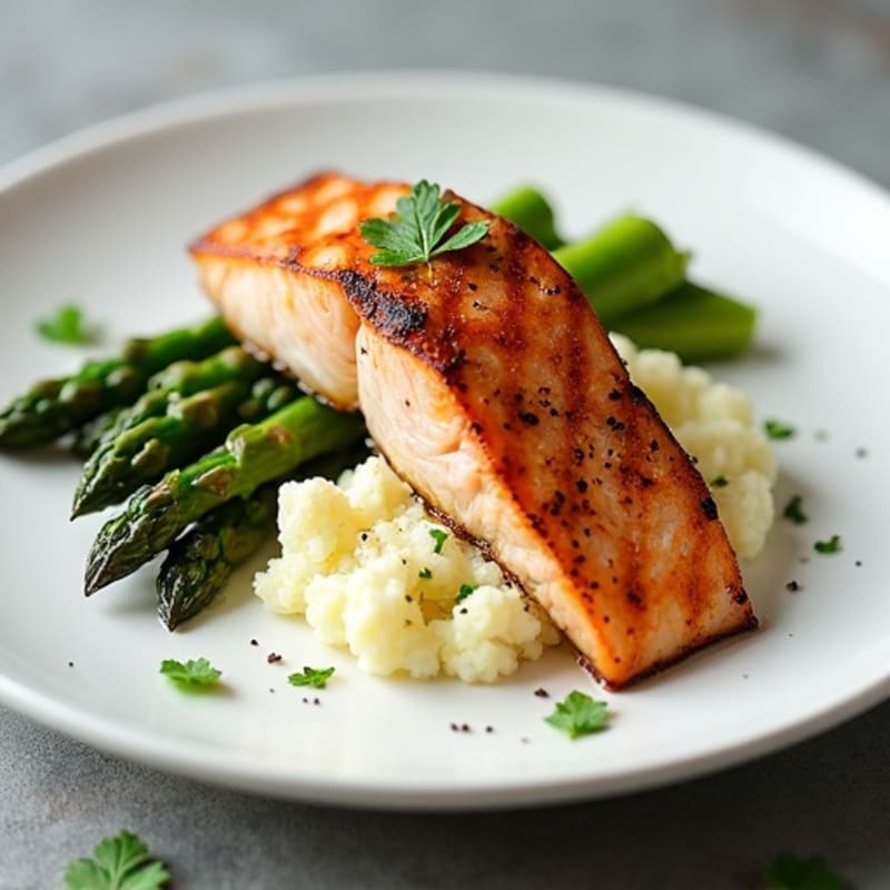 Seared Salmon with Steamed Asparagus and Cauliflower Mash