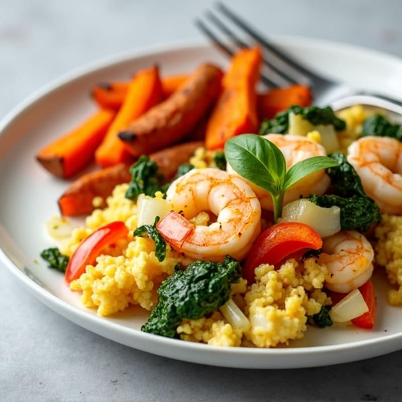 Egg White and Shrimp Veggie Scramble with Roasted Sweet Potatoes