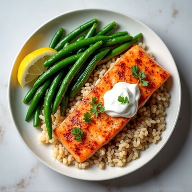 Seared Salmon with Steamed Green Beans and Brown Rice