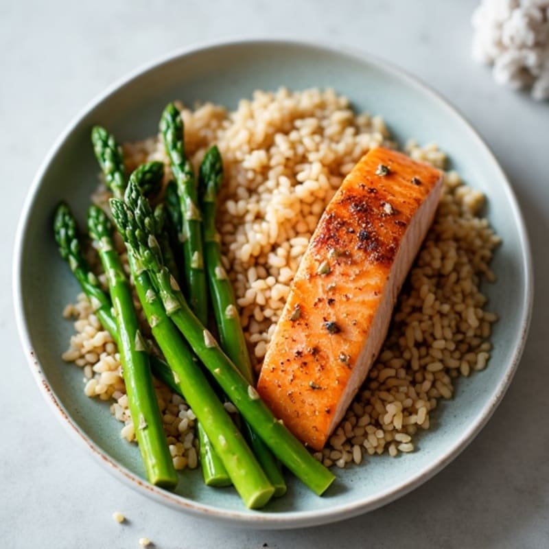 Seared Salmon with Steamed Asparagus and Brown Rice