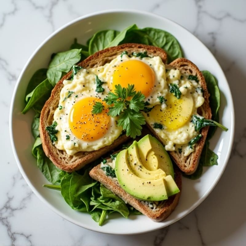 Egg White Spinach Scramble with Cottage Cheese, Turkey, Avocado & Toast