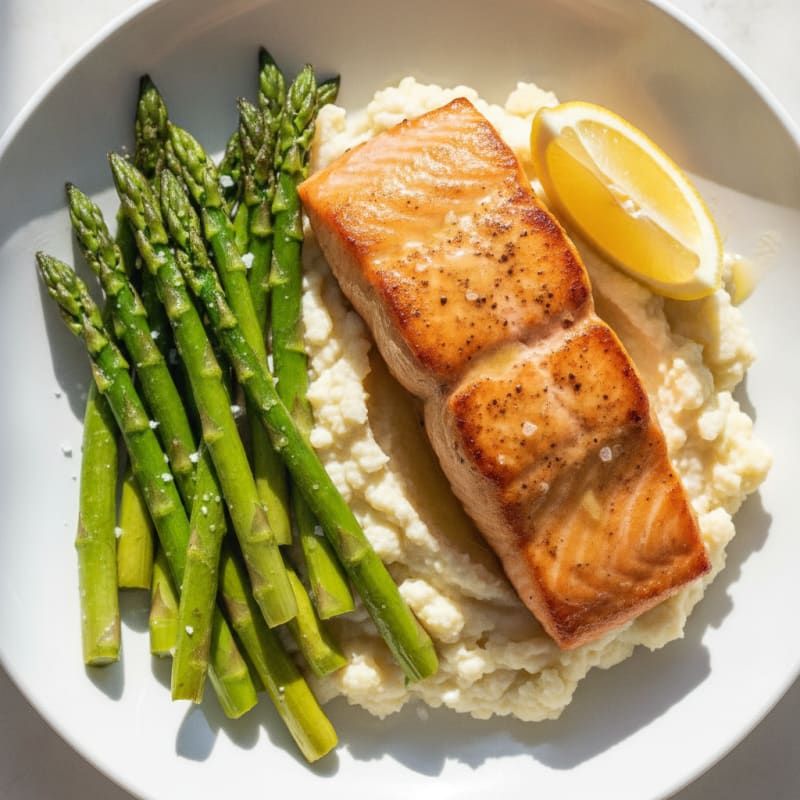 Seared Salmon with Roasted Asparagus and Cauliflower Mash
