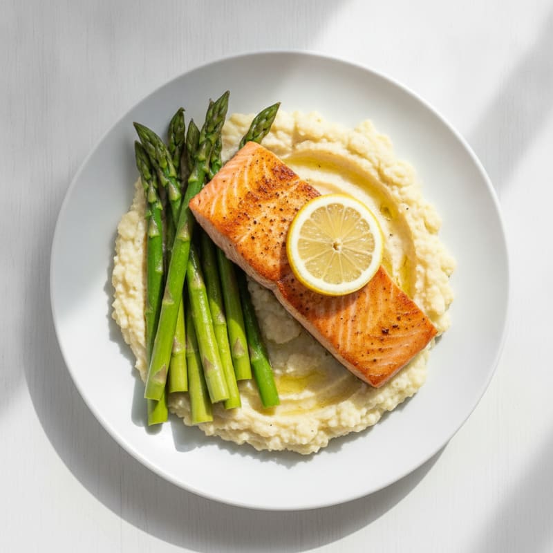 Seared Salmon with Steamed Asparagus and Garlic Cauliflower Mash