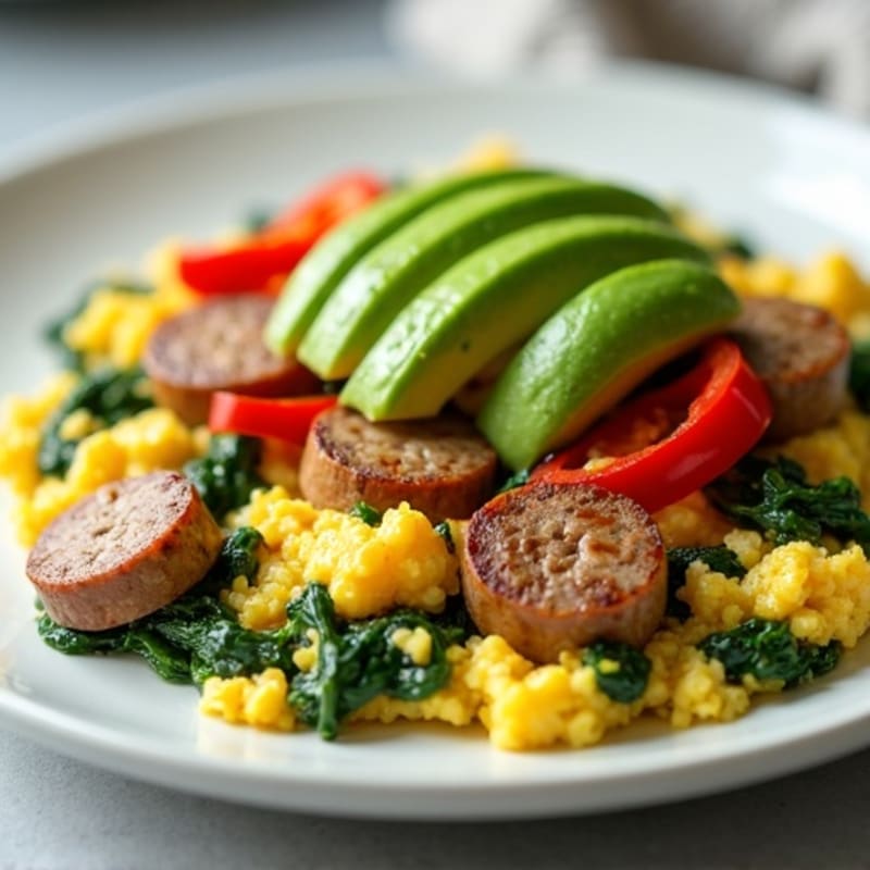 Egg White Scramble with Turkey Sausage and Sautéed Spinach