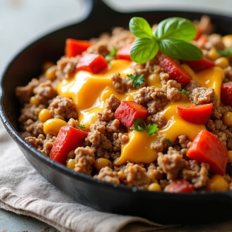 Cheesy Lean Ground Beef & Crispy Turkey Bacon Skillet