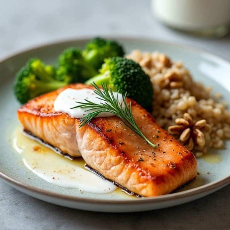 Seared Salmon with Steamed Broccoli and Toasted Walnut Rice