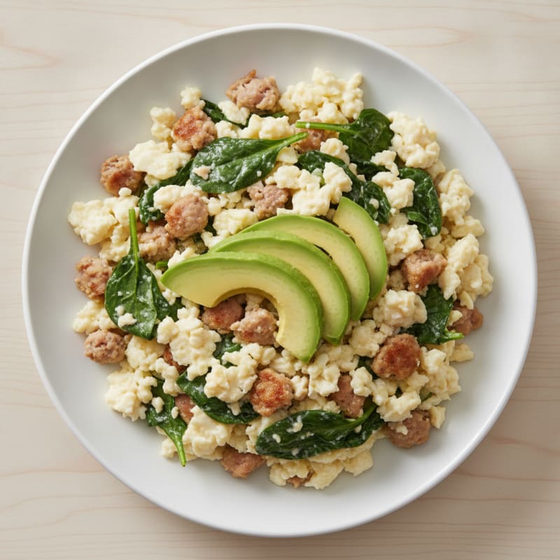 Egg White Scramble with Turkey Sausage and Sautéed Spinach