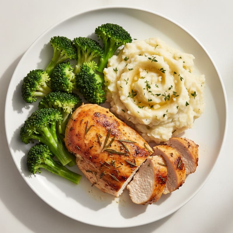 Herb-Roasted Chicken Breast with Garlic Mashed Potatoes and Steamed Broccoli