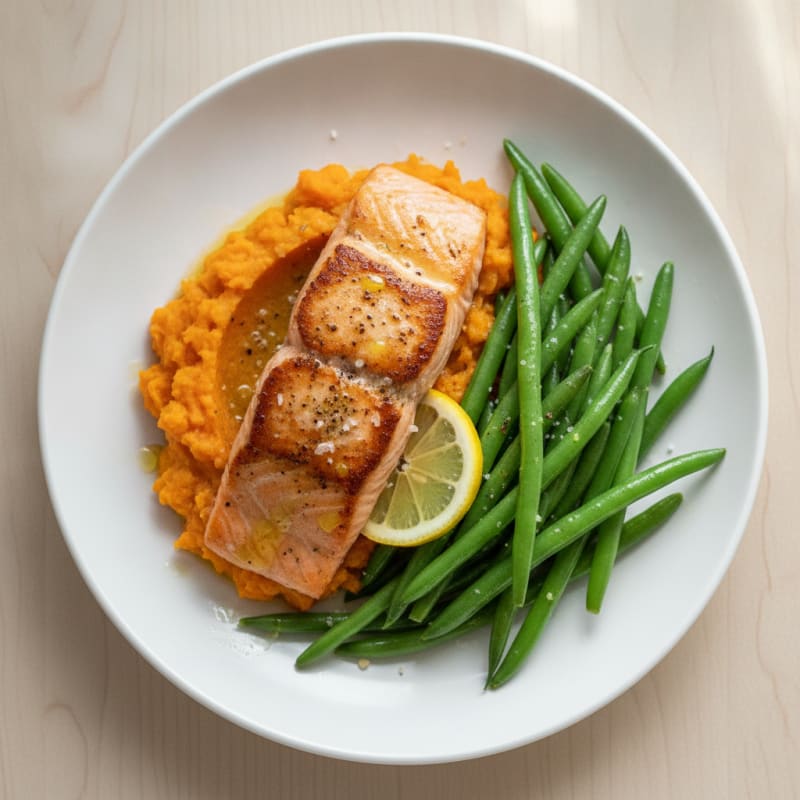 Seared Salmon with Steamed Green Beans and Sweet Potato Mash