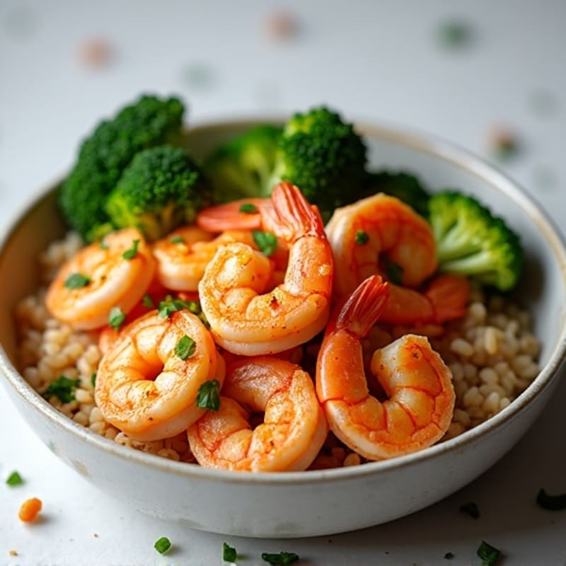Spicy Pan-Seared Shrimp with Brown Rice and Roasted Broccoli