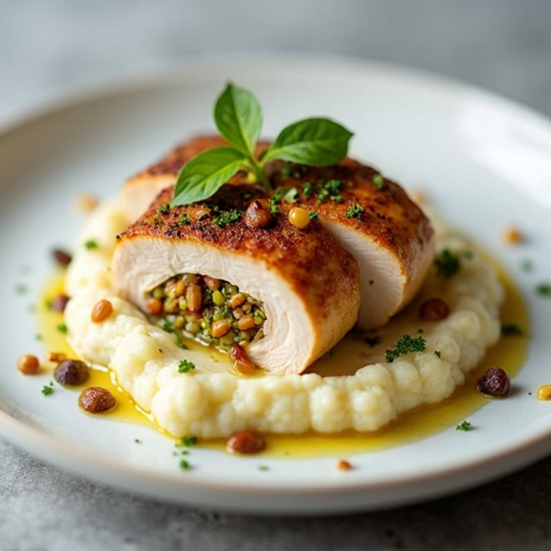 Pistachio and Date Stuffed Chicken with Creamy Cauliflower Mash