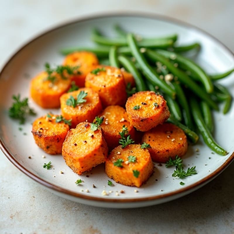 Crispy Garlic Herb Tofu Chips with Roasted Sweet Potatoes and Green Beans