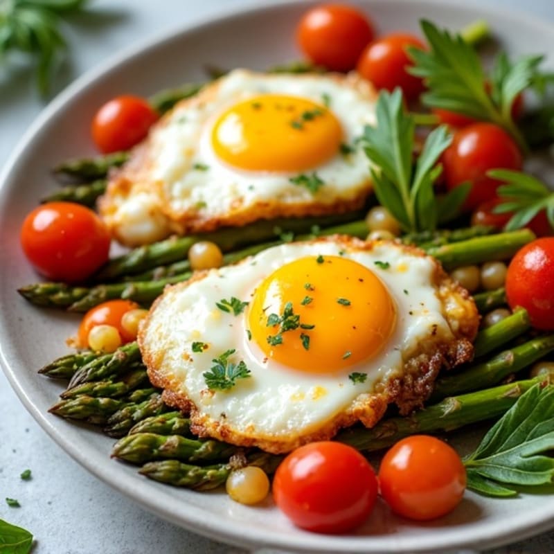 Sheet Pan Baked Eggs with Roasted Asparagus and Cherry Tomatoes