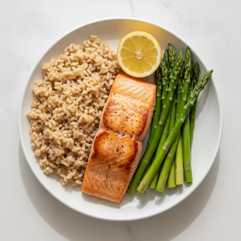 Seared Salmon with Steamed Asparagus and Brown Rice