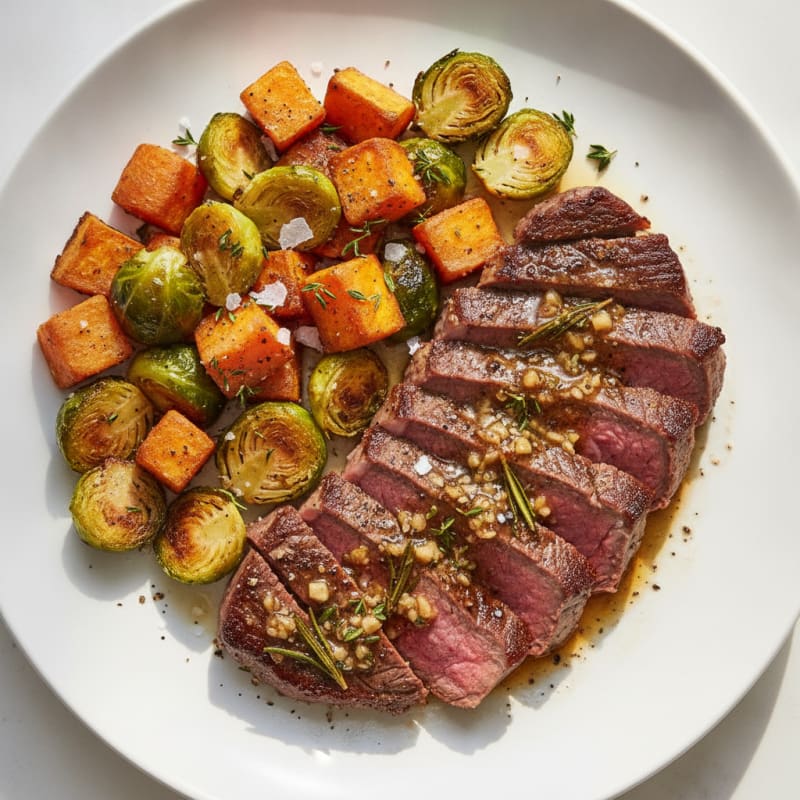 Garlic Herb Steak with Roasted Sweet Potatoes and Brussels Sprouts