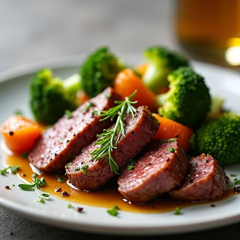 Seared Lean Beef with Roasted Broccoli and Sweet Potato