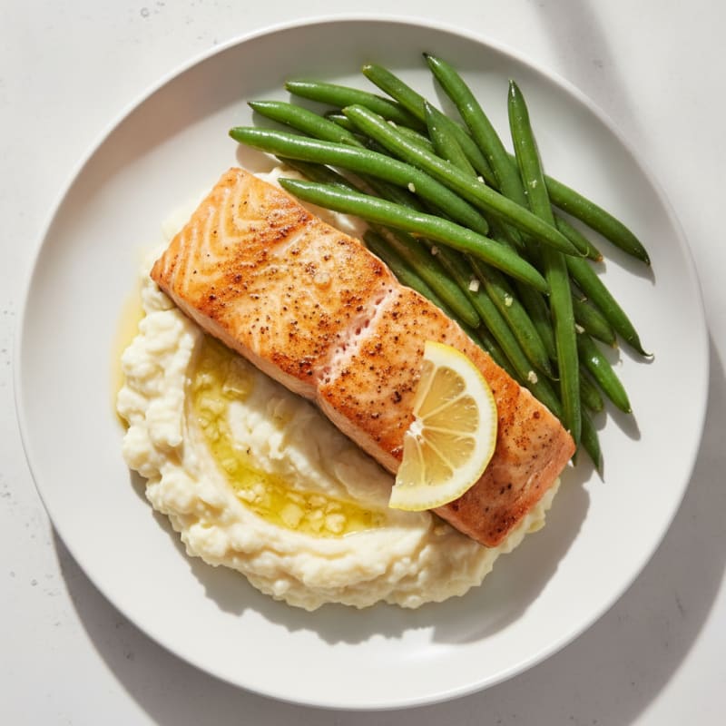 Seared Salmon Fillet with Steamed Green Beans and Garlic Mashed Cauliflower