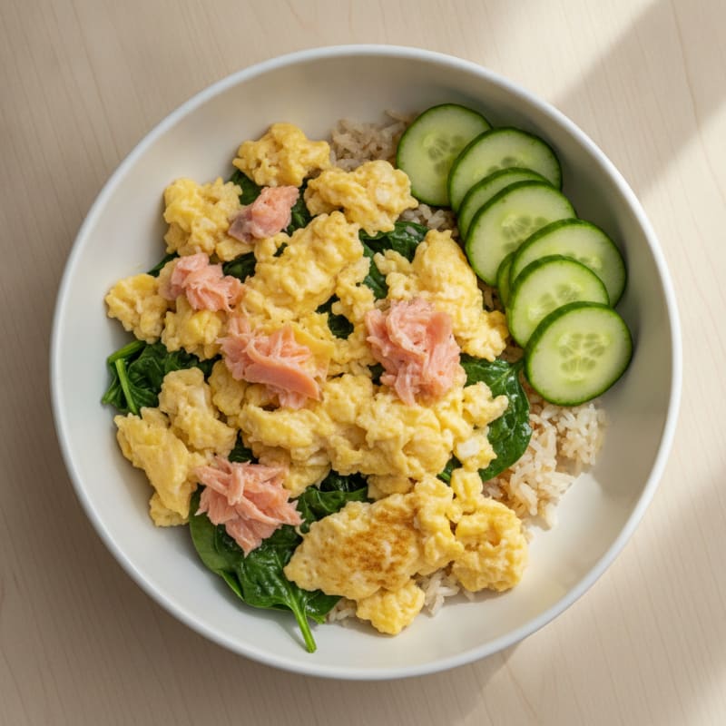 Scrambled Eggs with Smoked Salmon and Sautéed Spinach