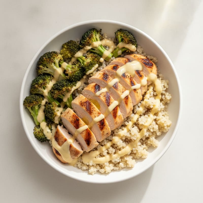 Grilled Chicken Quinoa Bowl with Roasted Broccoli and Lemon Tahini Drizzle
