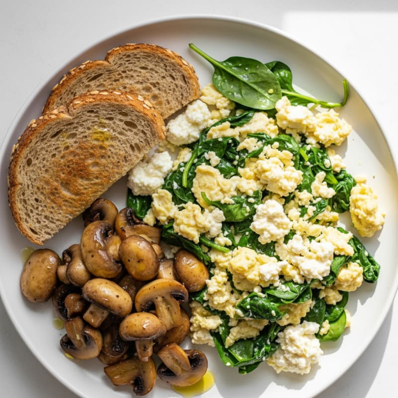 Egg White and Spinach Scramble with Cottage Cheese and Sautéed Mushrooms