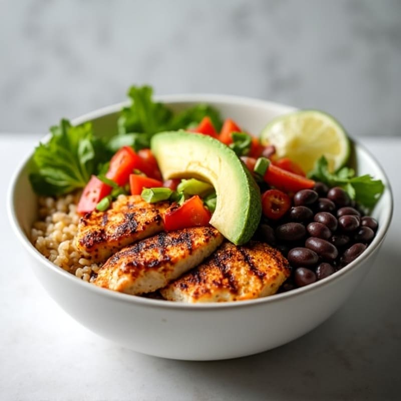 Spicy Chicken Burrito Bowl with Fresh Pico and Creamy Avocado