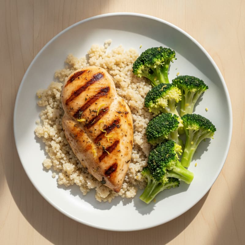 Grilled Chicken Breast with Quinoa and Steamed Broccoli