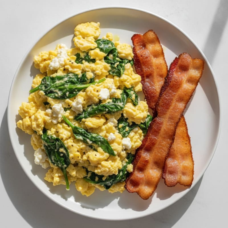 Cottage Cheese Scramble with Spinach and Turkey Bacon