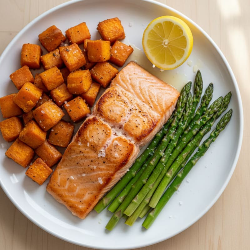Seared Salmon with Roasted Sweet Potatoes and Asparagus