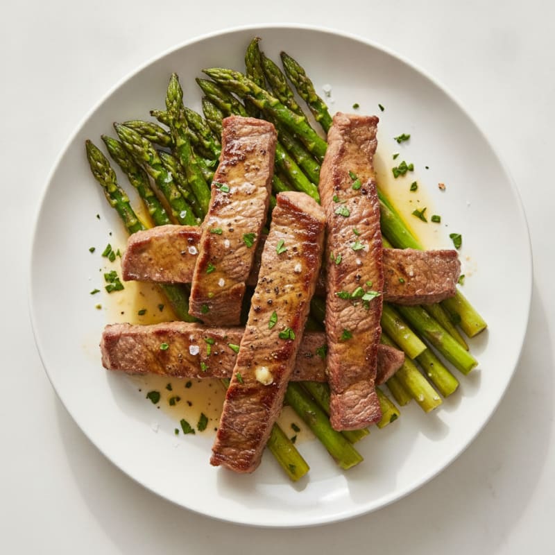Pan-Seared Steak Strips with Garlic Butter and Asparagus