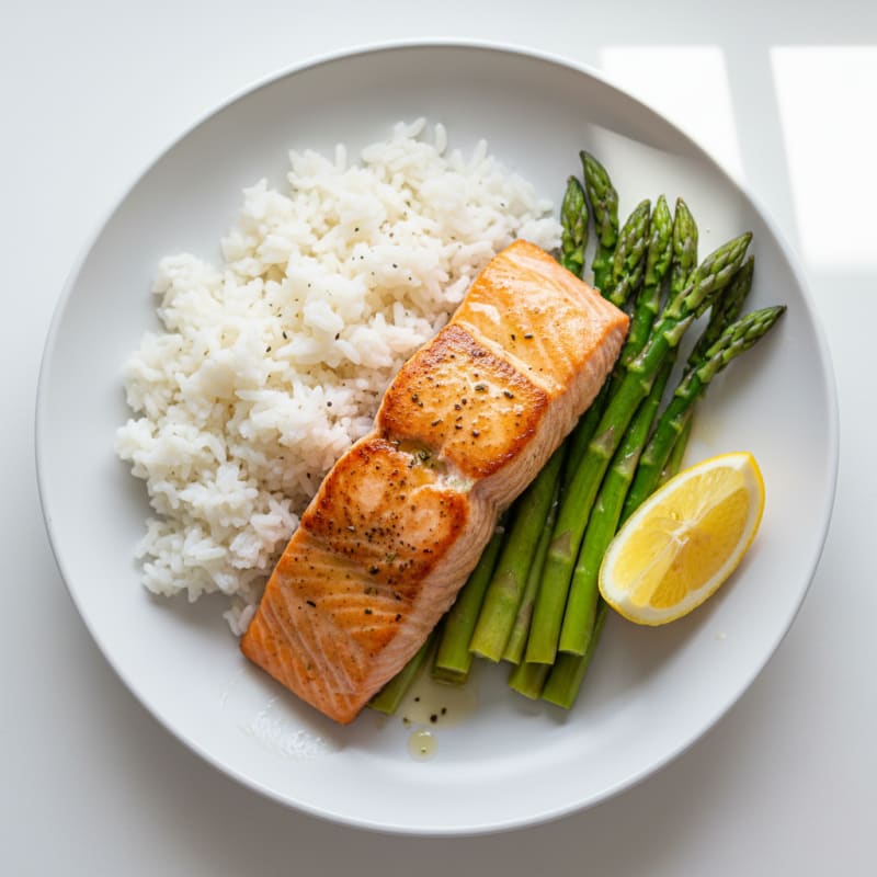 Seared Salmon with Steamed Rice and Asparagus