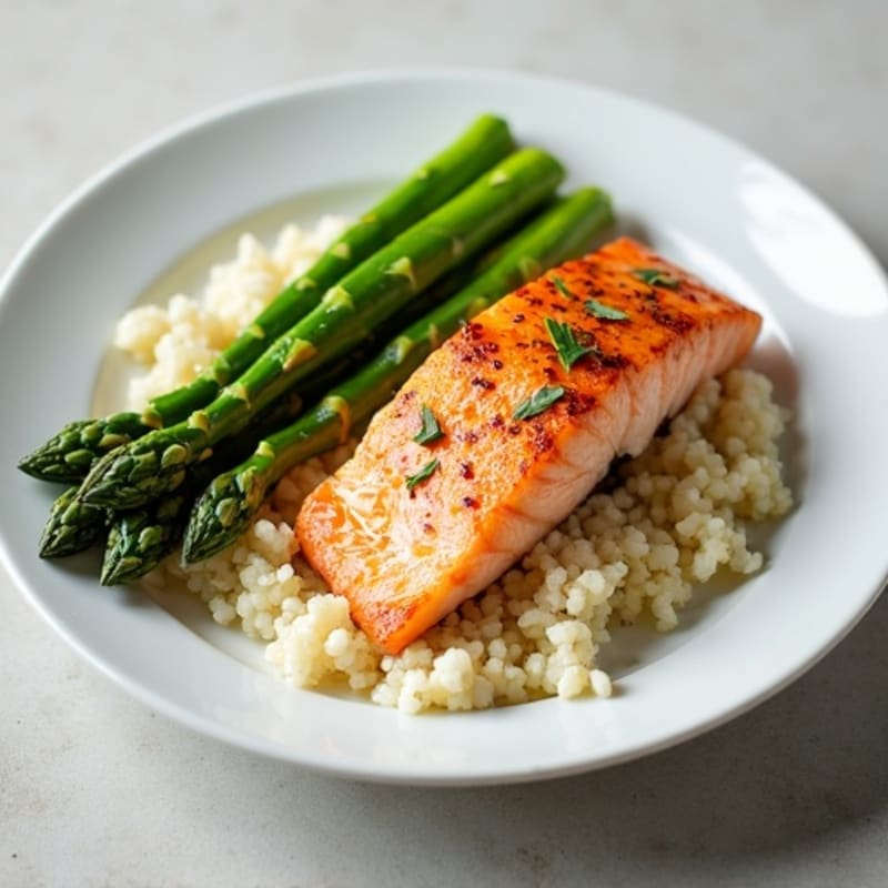 Seared Salmon with Steamed Asparagus and Cauliflower Rice