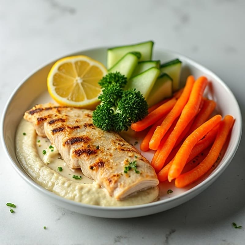 Creamy Lemon-Herb Hummus with Fresh Crunchy Vegetables and Grilled Chicken