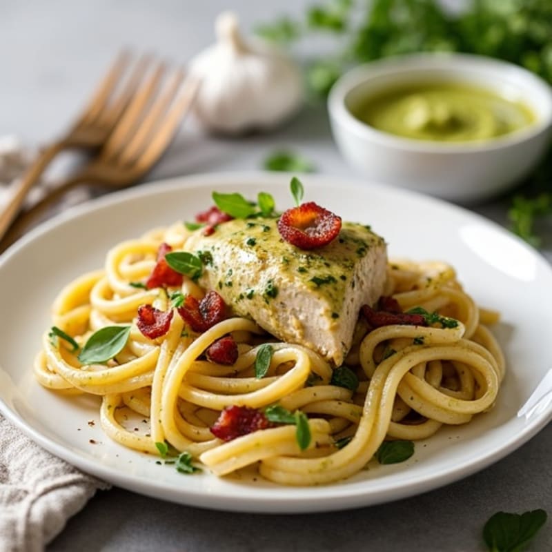 Creamy Pesto Chicken Pasta with Bacon and Mozzarella
