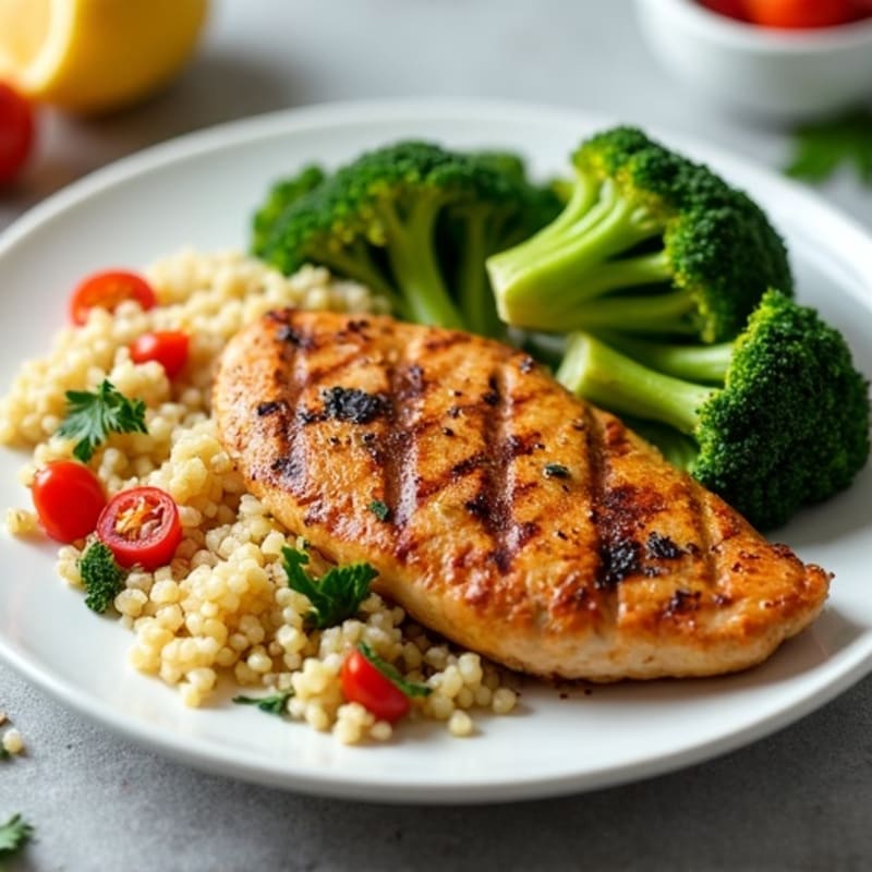 Grilled Chicken Breast with Roasted Broccoli and Quinoa Salad